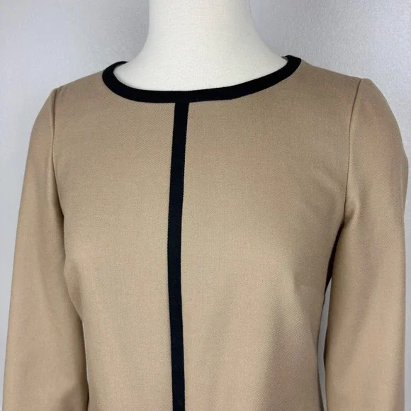 Boden Tan Wool Dress Black Tipped Size 6L Camel Striping Midi Classic Old Money - Picture 3 of 17